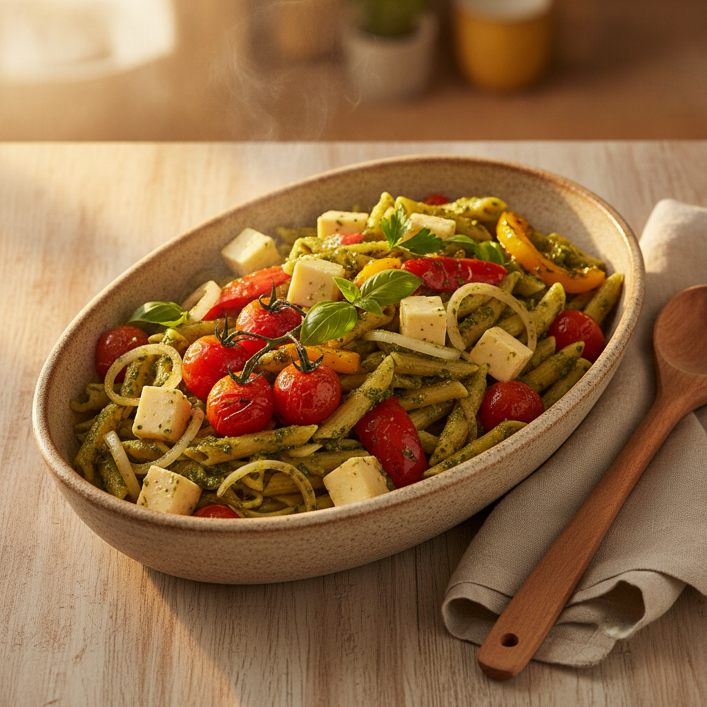 Pesto pasta met geroosterde paprika en trostomaat