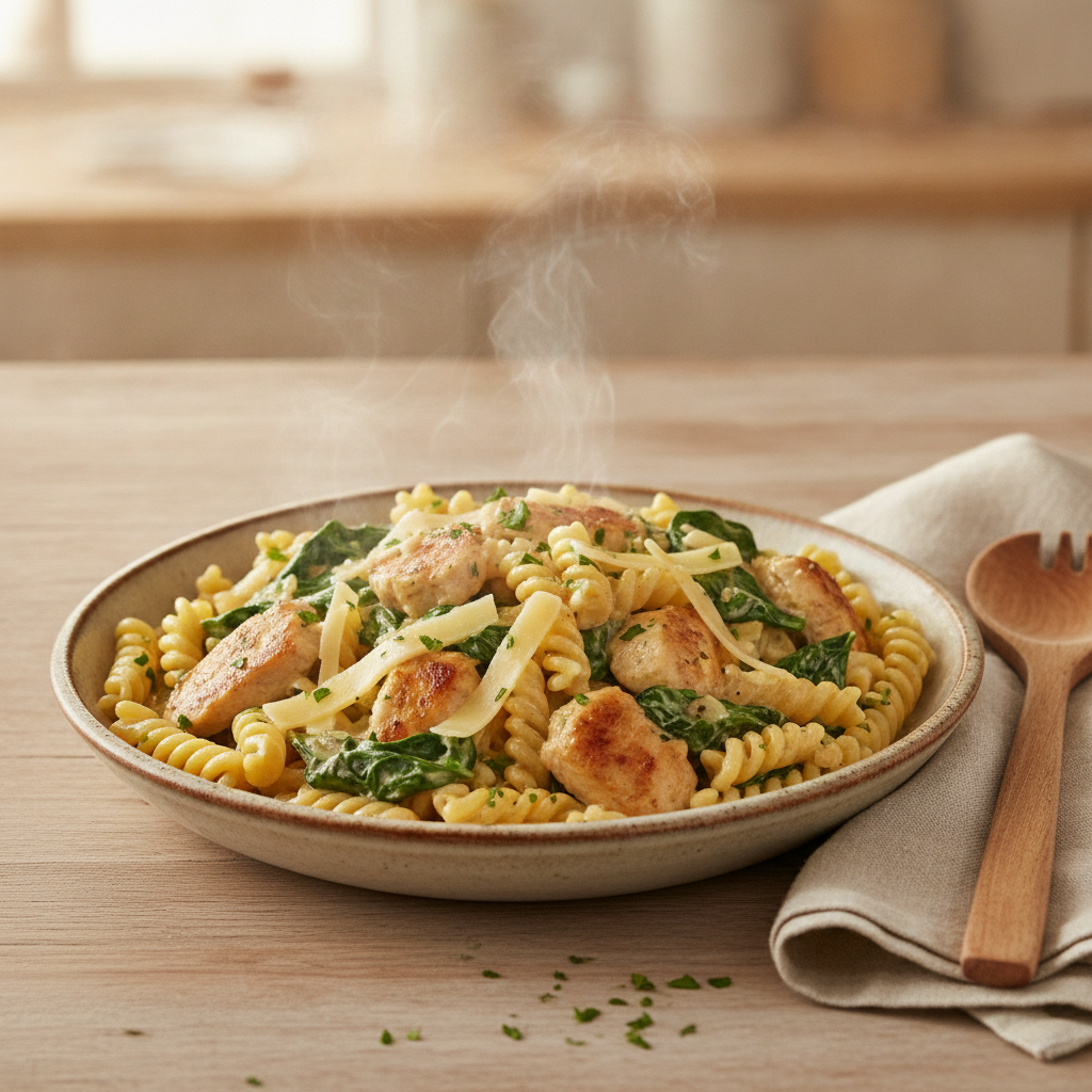 Romige kip-pasta met spinazie