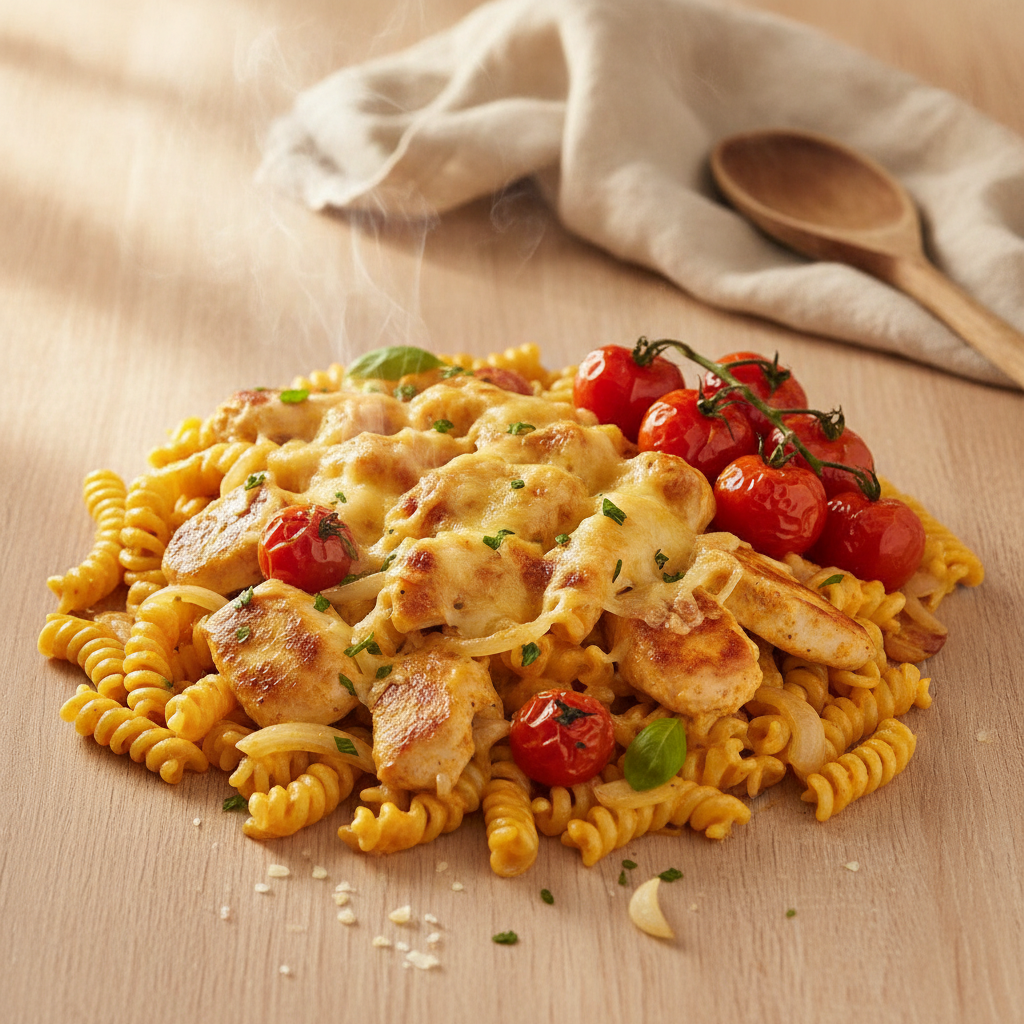 Romige kip-pasta met tomaat en kaas