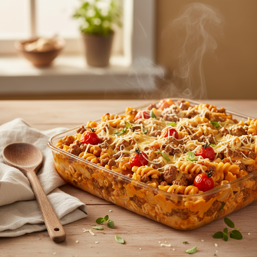 Romige ovenschotel met gehaktstroganoff en tomaat (Italiaans geïnspireerd)