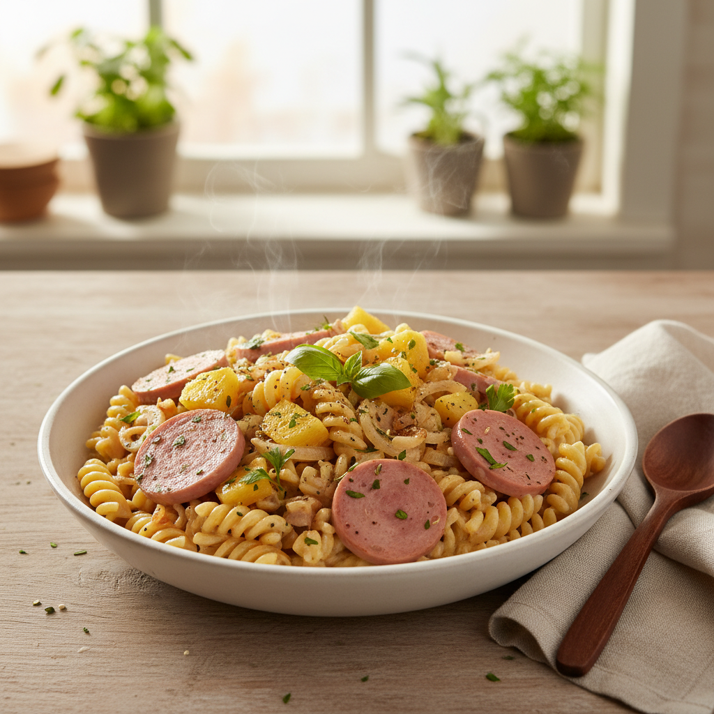 Romige pasta met boterhamworst en ananas (Italiaanse twist)
