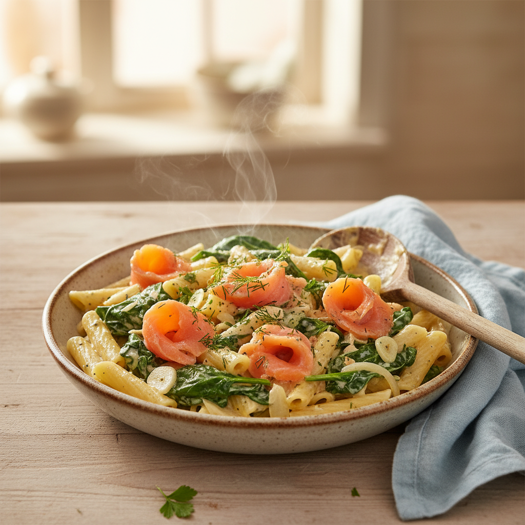 Romige pasta met gerookte zalm en spinazie