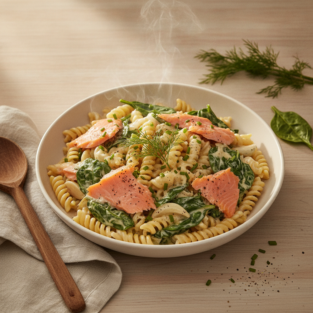 Romige pasta met gerookte zalm en spinazie