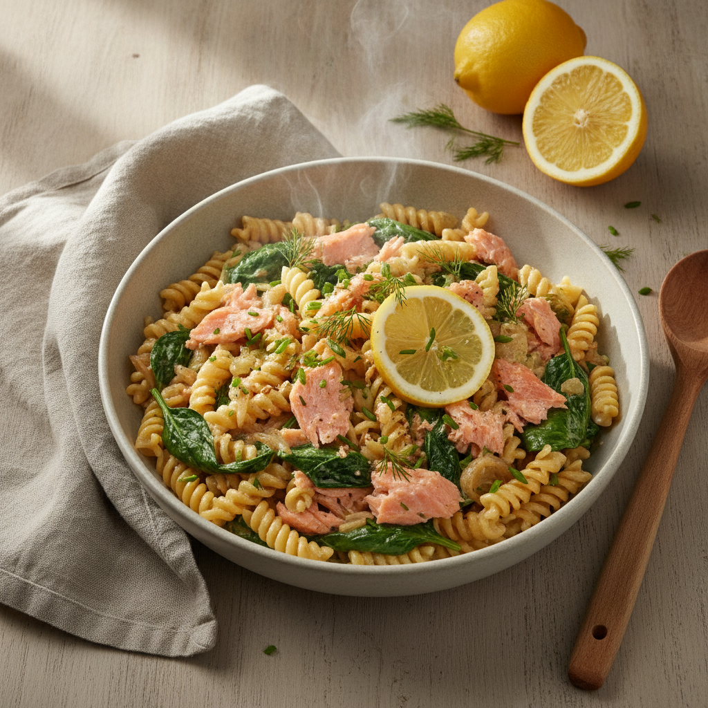 Romige pasta met gerookte zalm en spinazie
