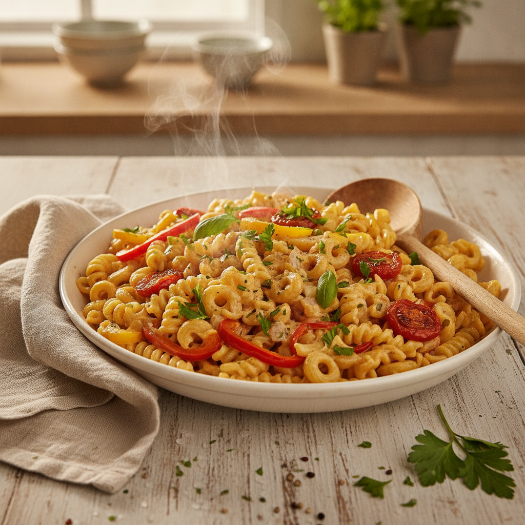 Romige pasta met geroosterde paprika en cherrytomaat