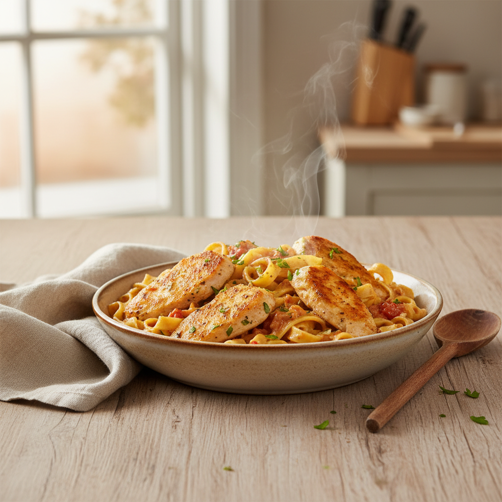Romige pasta met ovengebakken kip en tomaten