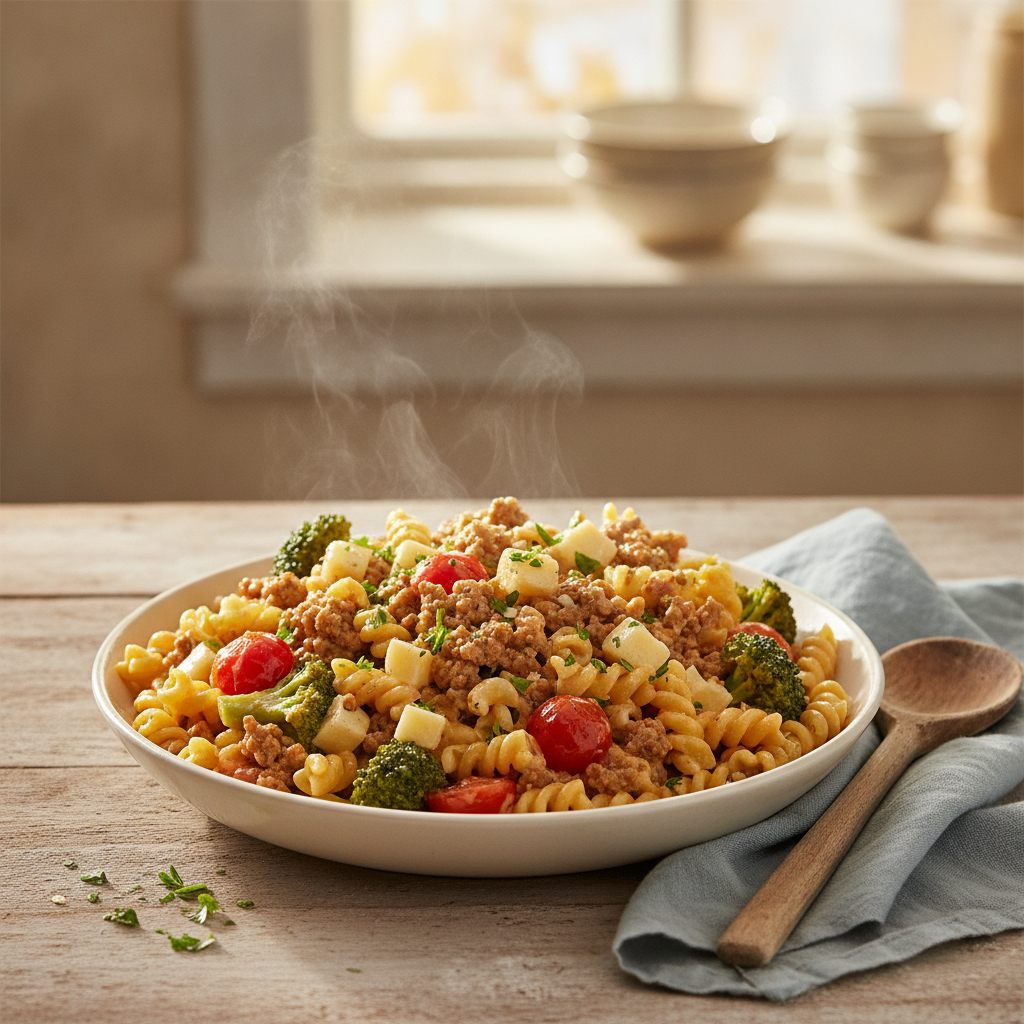 Romige pasta met plantaardig rulgehakt, tomaat en broccoli