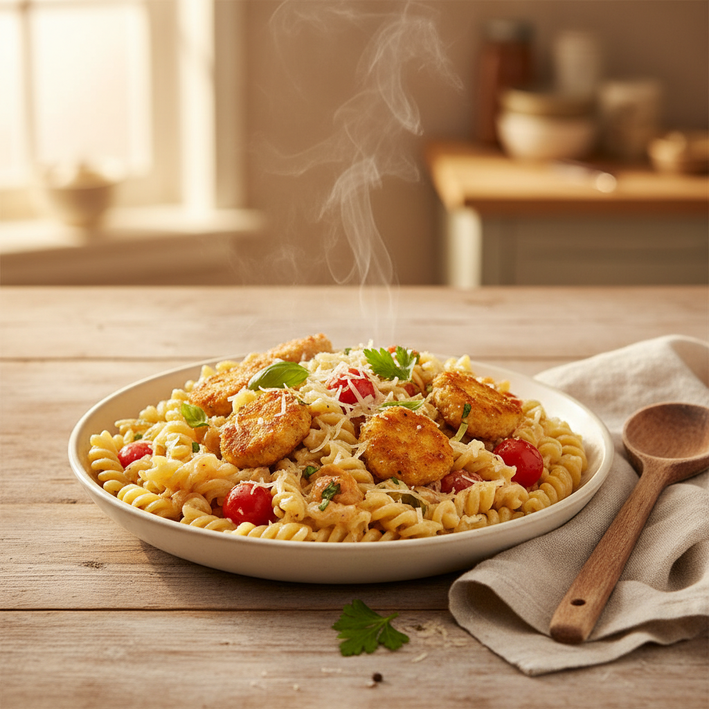 Romige pasta met plantaardige kipstukjes en kikkererwten