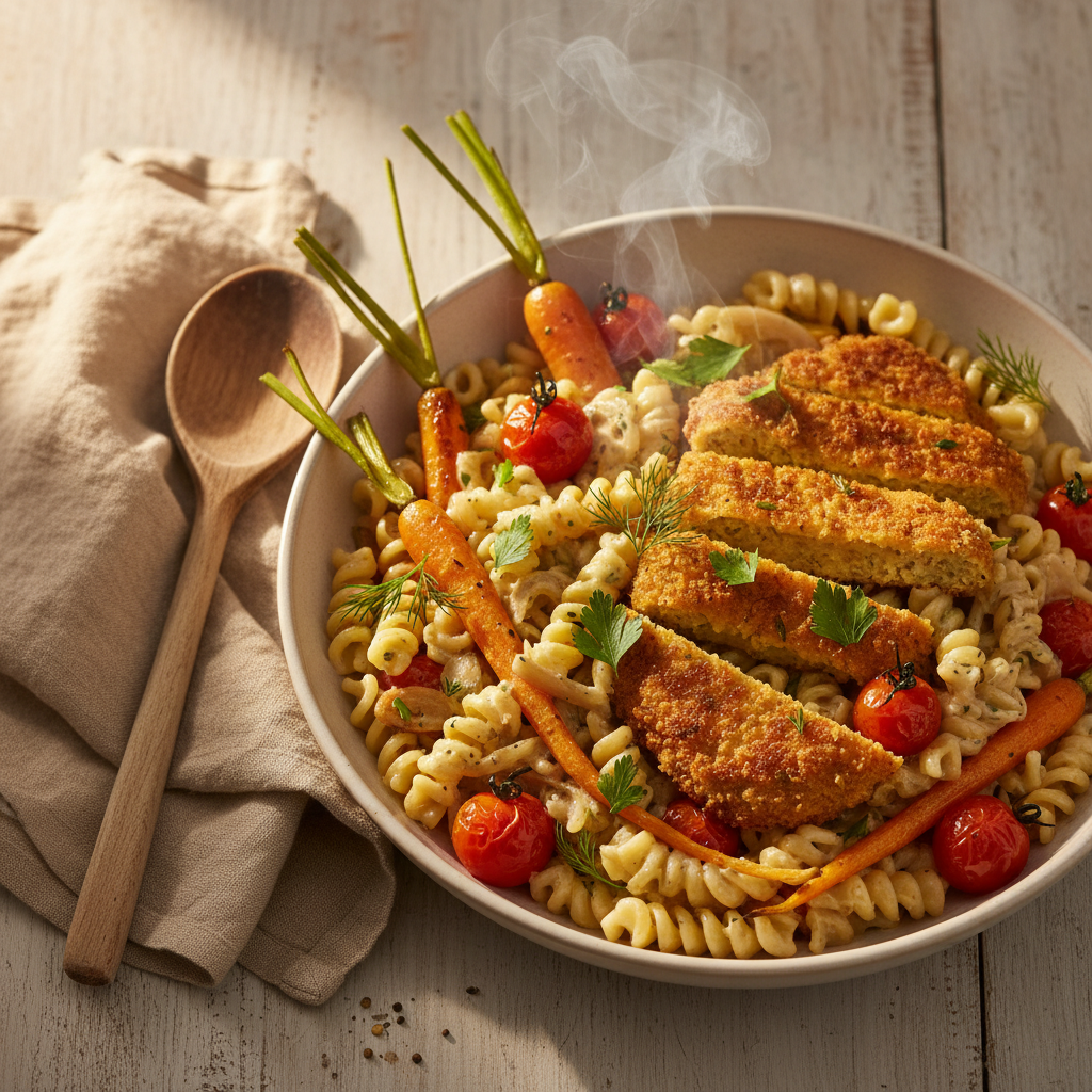 Romige pasta met plantaardige schnitzels, tomaat en wortel