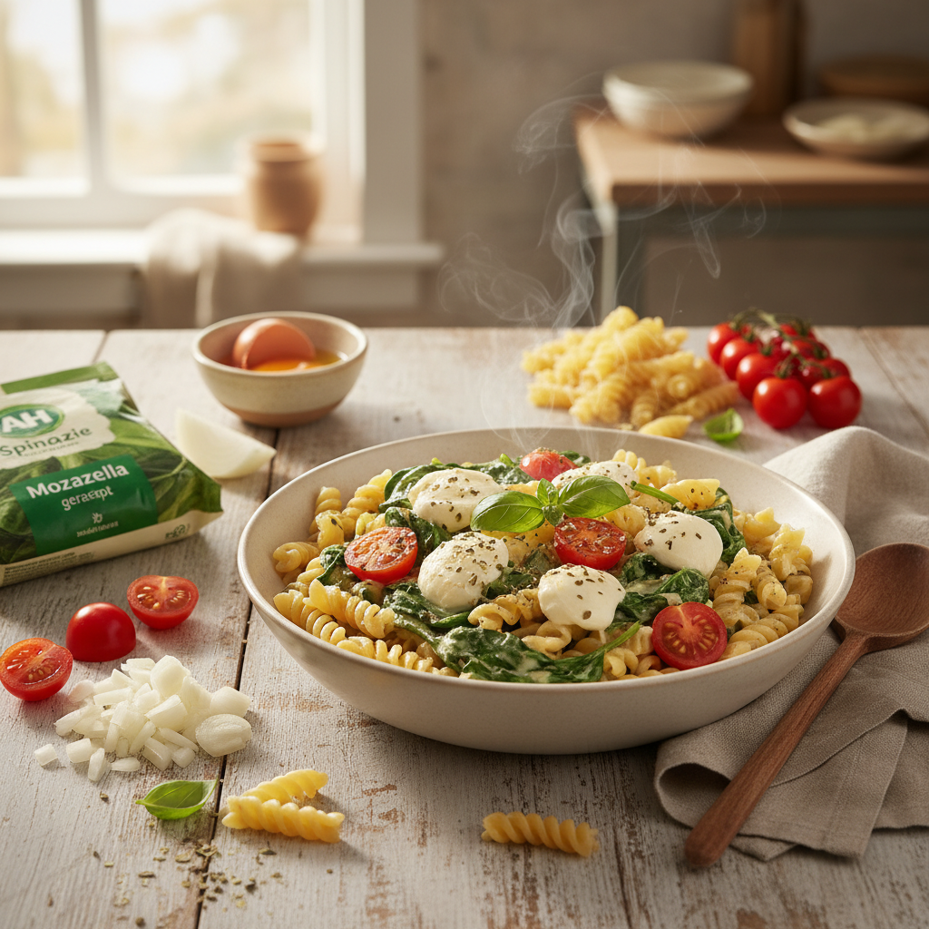 Romige spinazie-pasta met mozzarella en tomaat