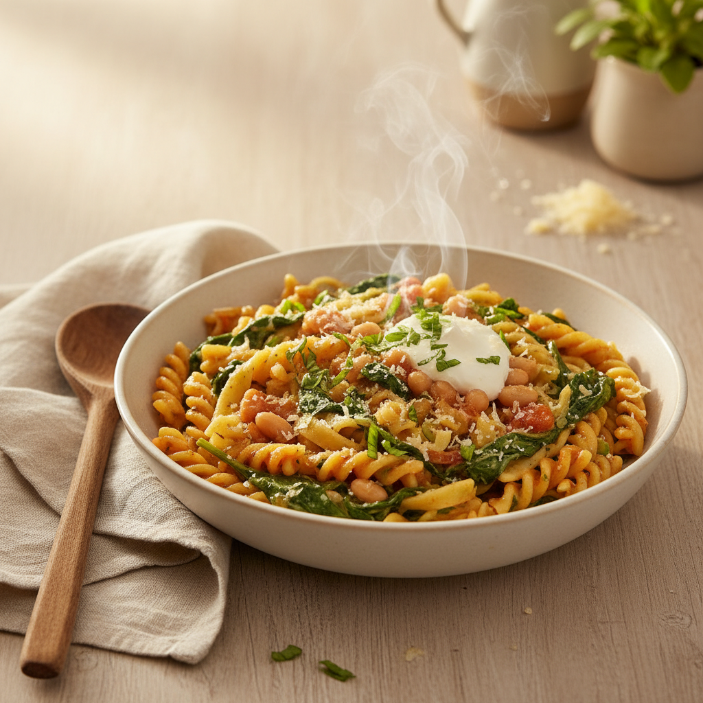 Romige spinazie-pasta met witte bonen