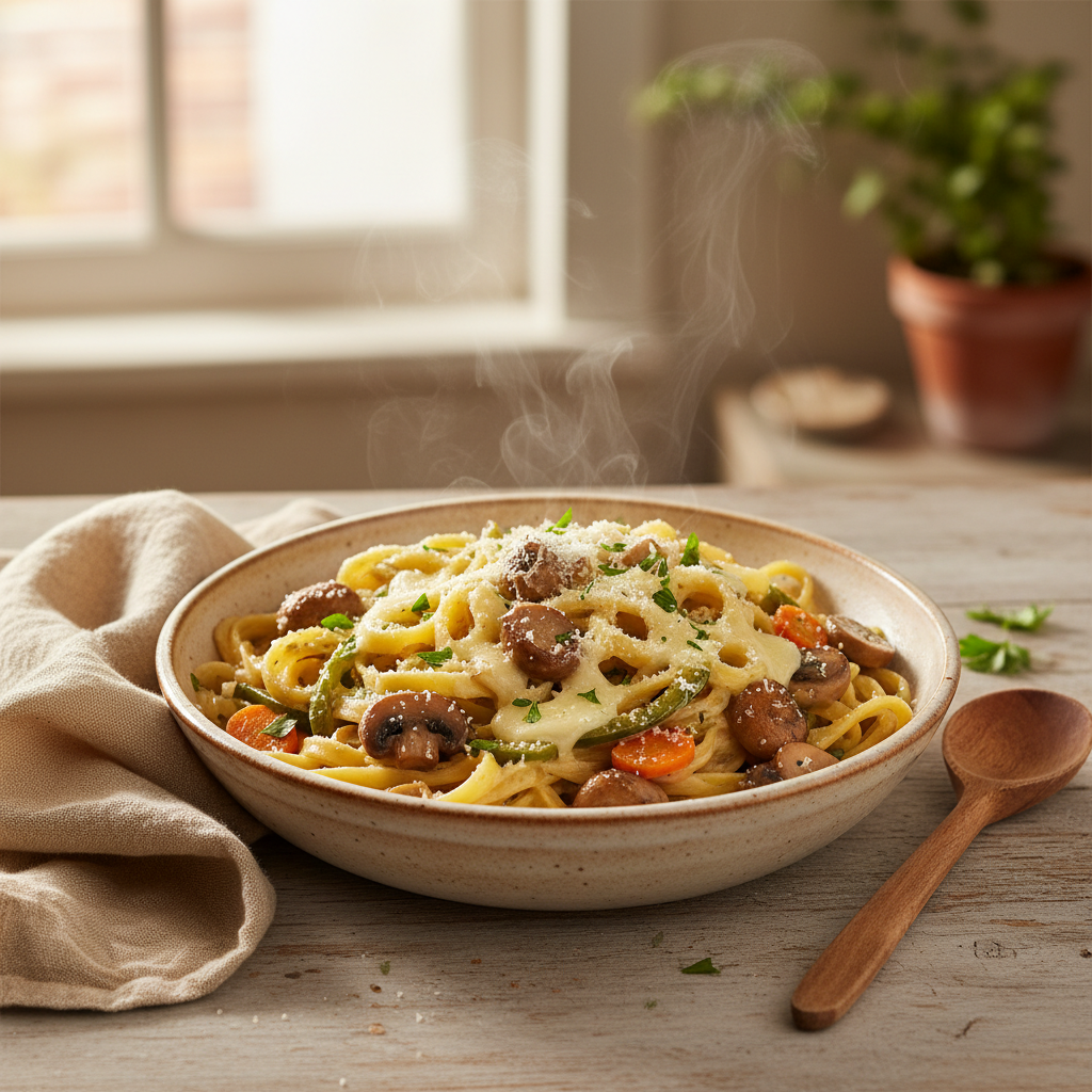 Romige tagliatelle met kastanjechampignons, geroerbakte groenten en gesmolten mozzarella