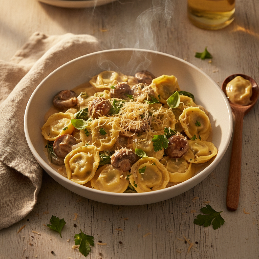 Romige tortellini met champignons en kaas