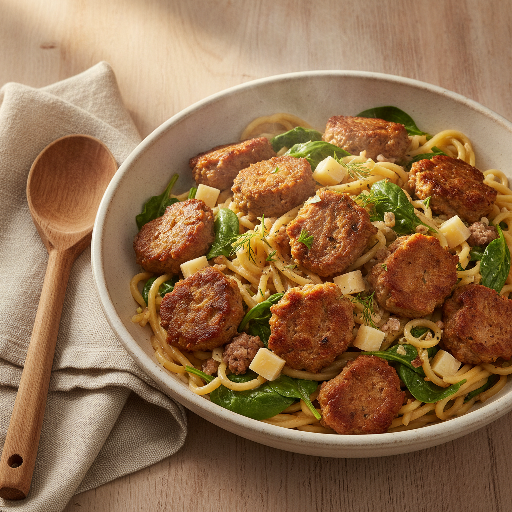 Simpele pasta met geroosterd gehakt en spinazie