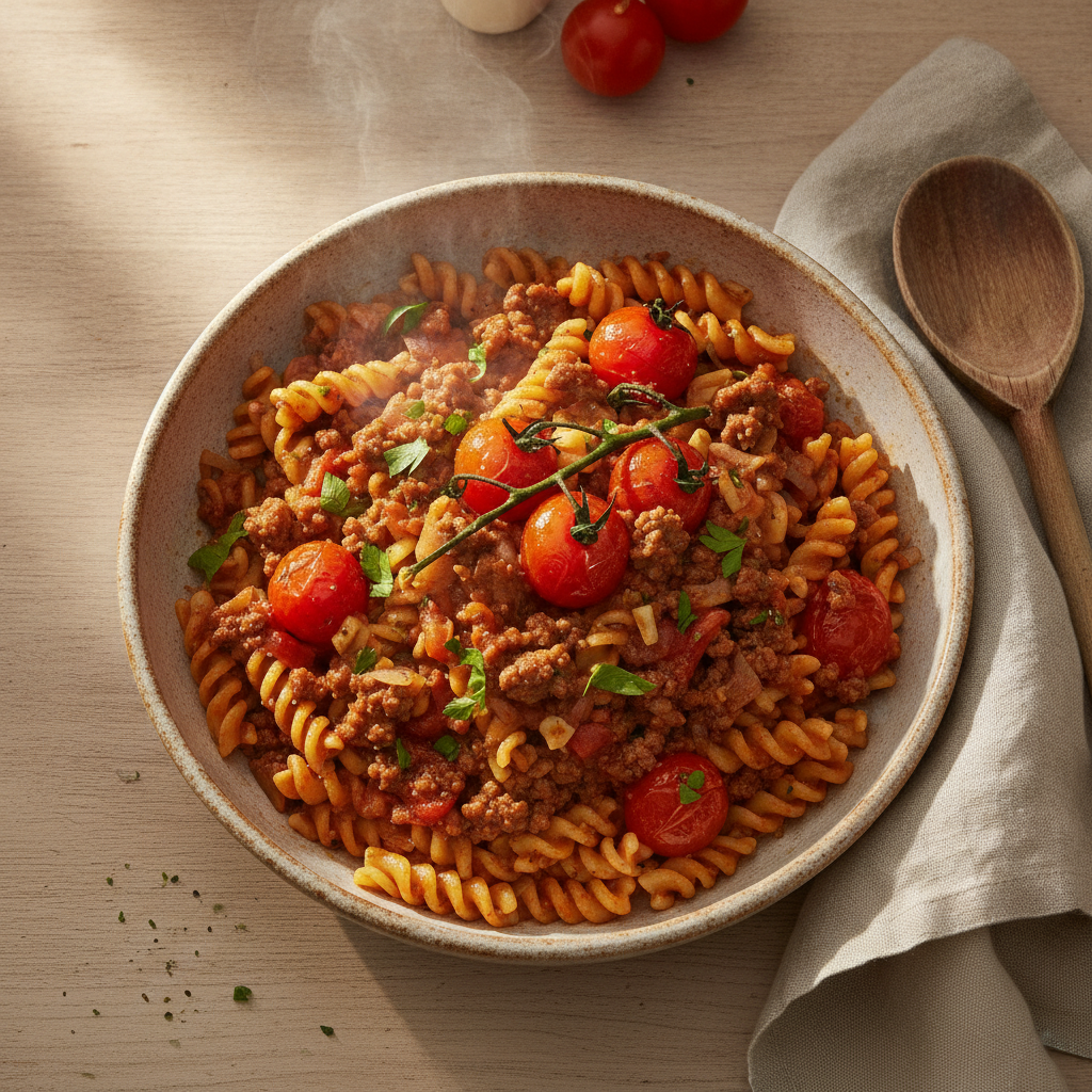 Snel pastagerecht met rundergehakt en tomaat