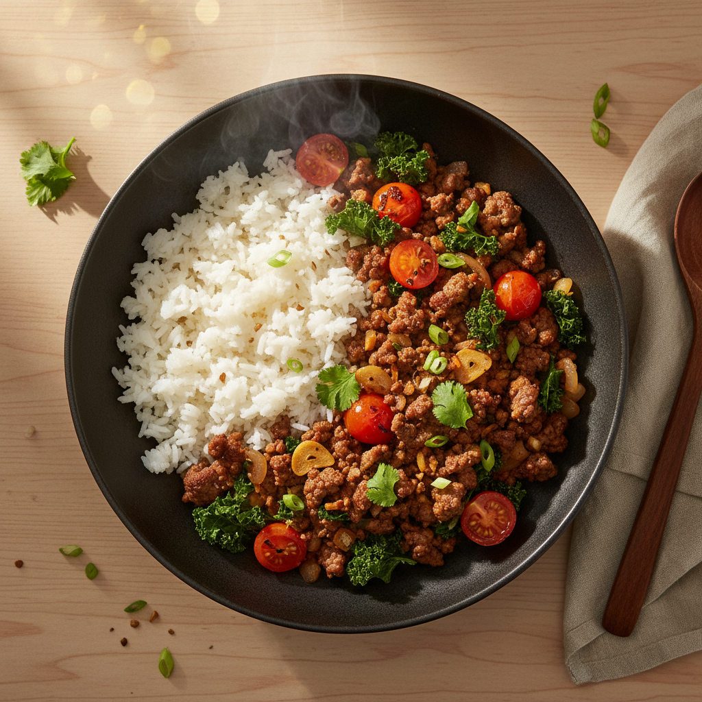 Snelle Aziatische Gehakt-wok met rijst en tomaat