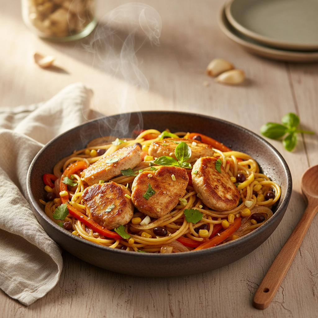 Snelle Aziatische kip-wok met spaghetti