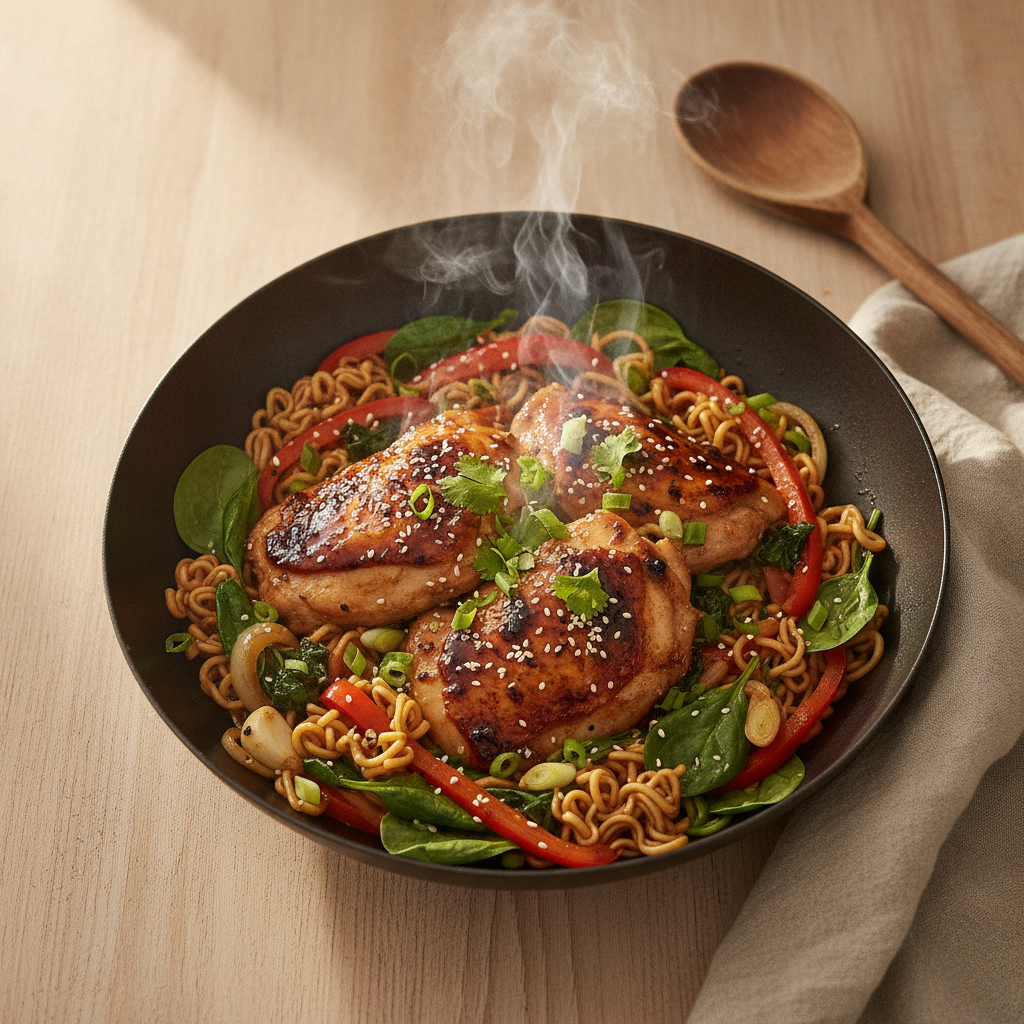 Snelle Aziatische kipdij-wok met noodles en spinazie