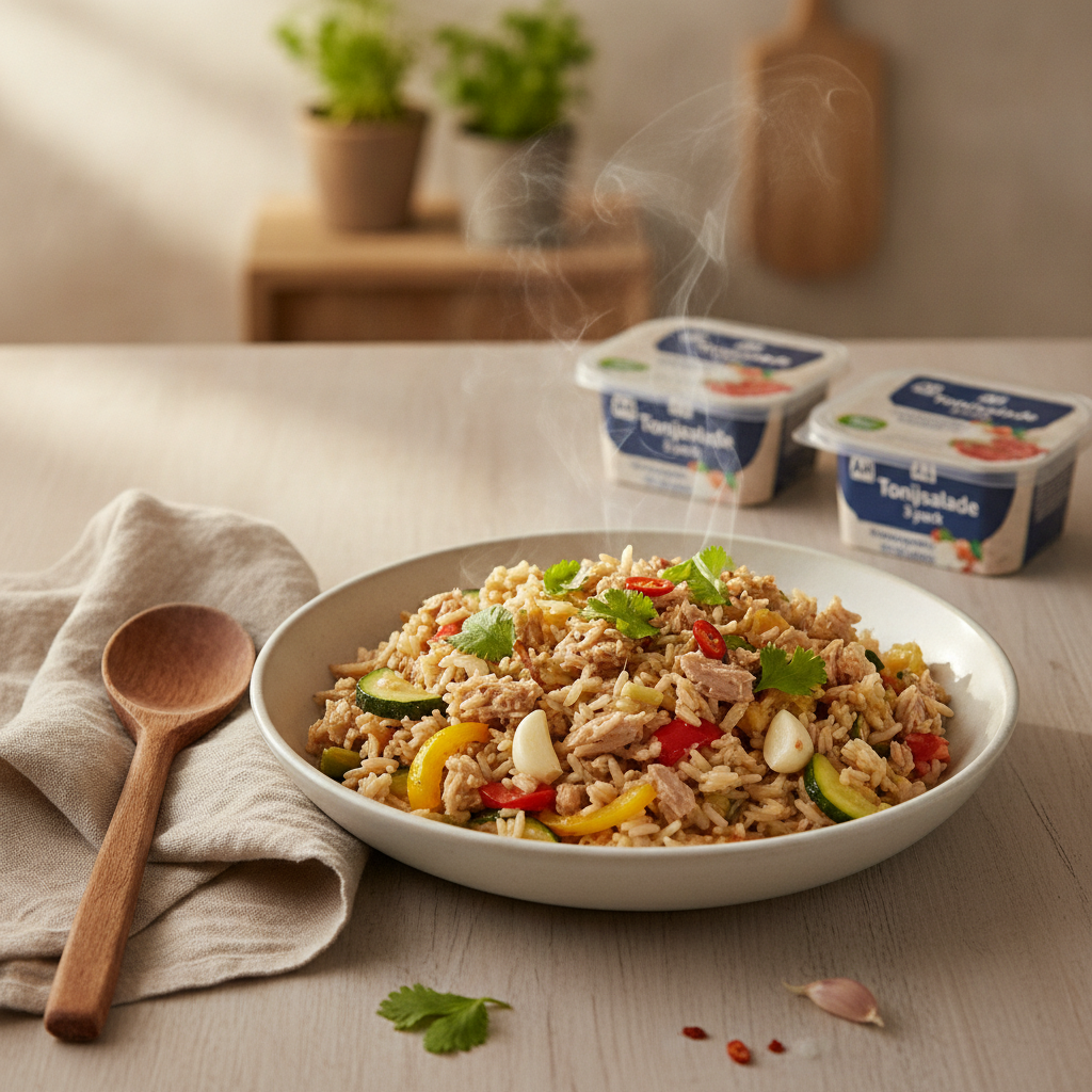 Snelle Aziatische nasi met tonijnsalade en wokgroente