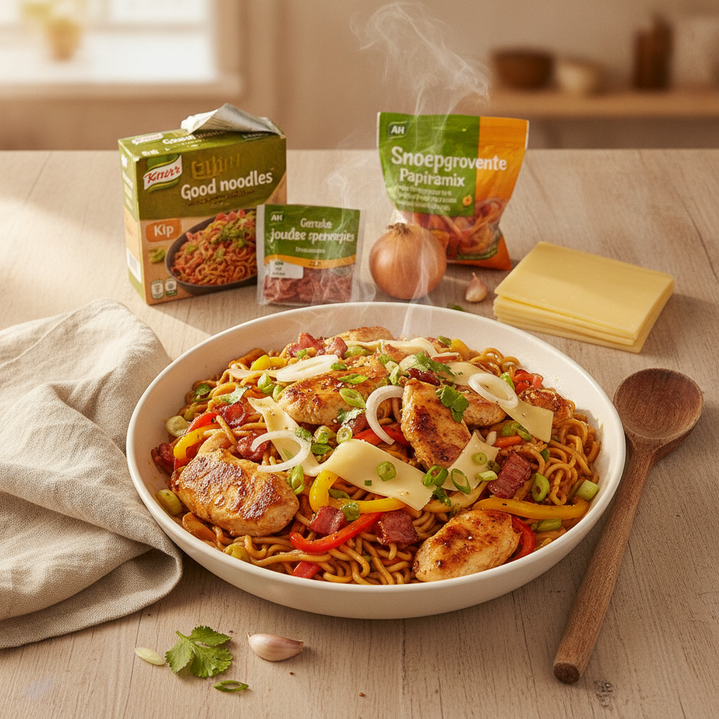 Snelle Aziatische noodles met spek en paprika
