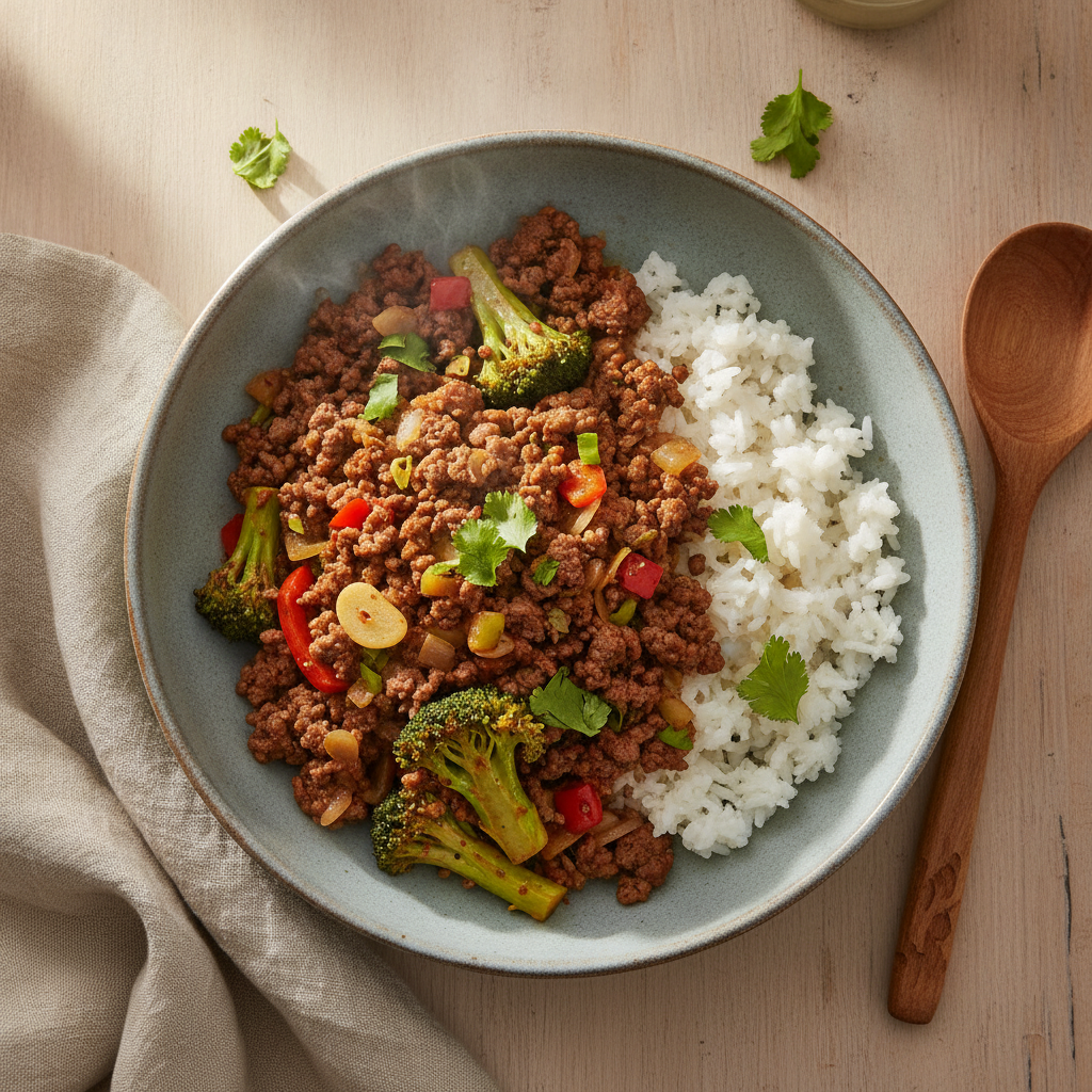 Snelle Aziatische roerbak met rundergehakt, rijst en broccoli
