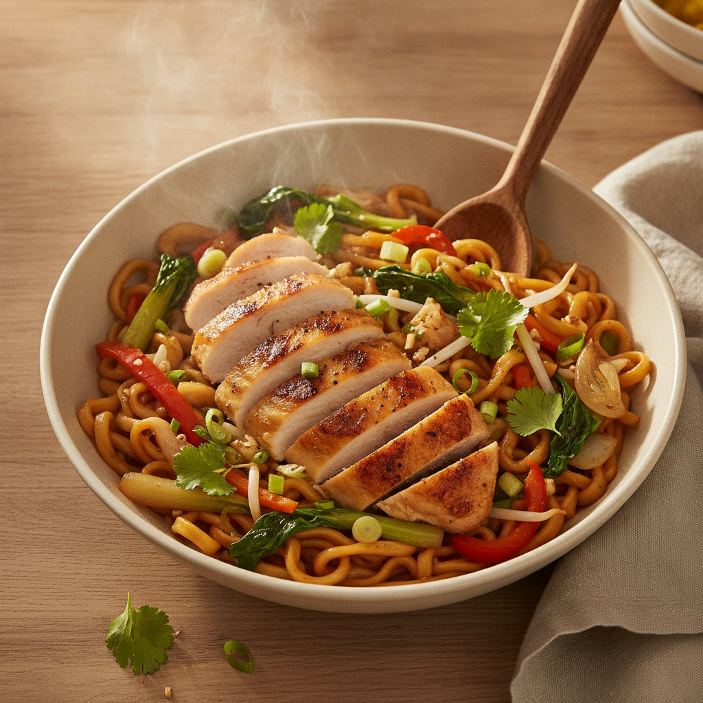 Snelle kip-noodles met wokgroente (Aziatisch)