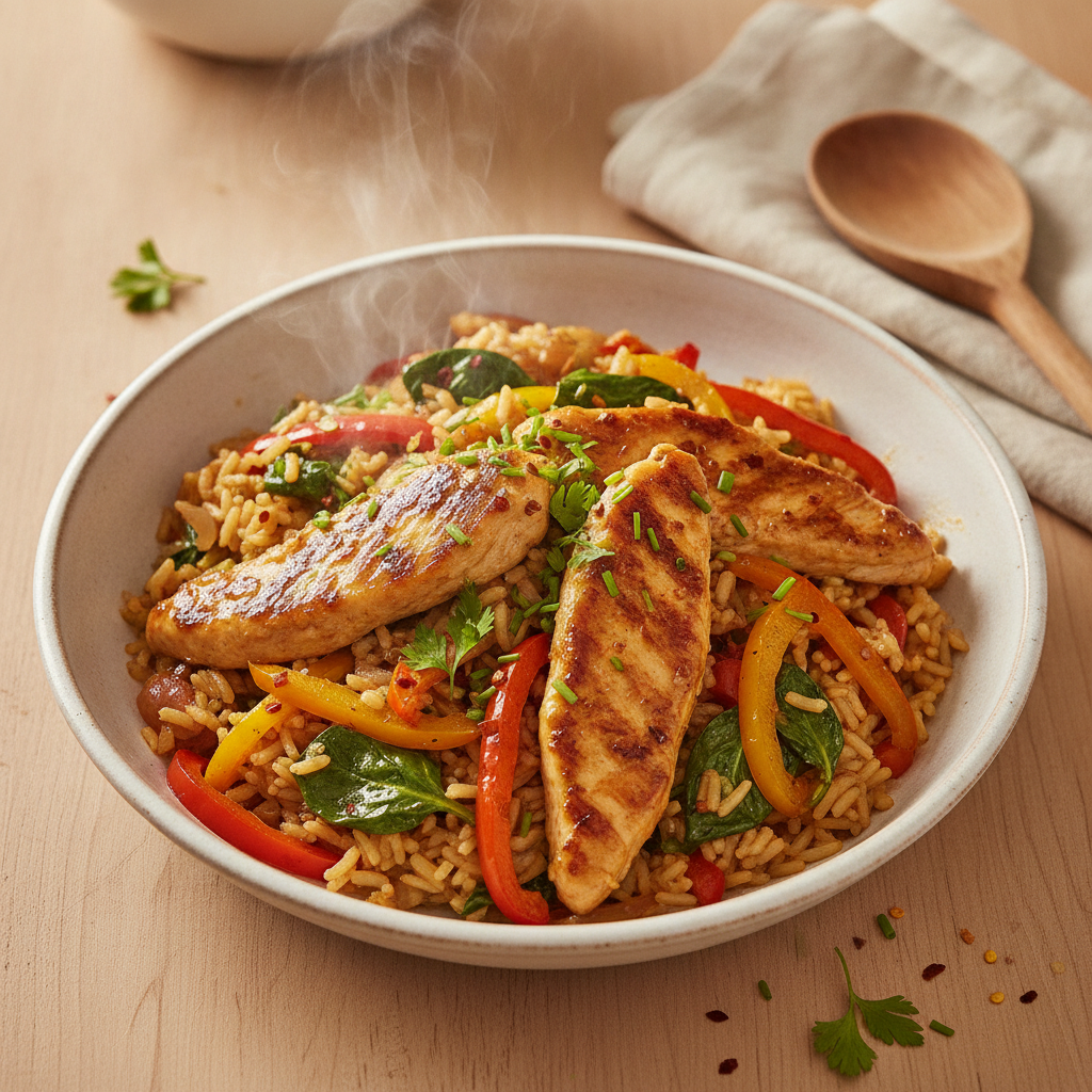 Snelle kip-rijst wok met spinazie en paprika