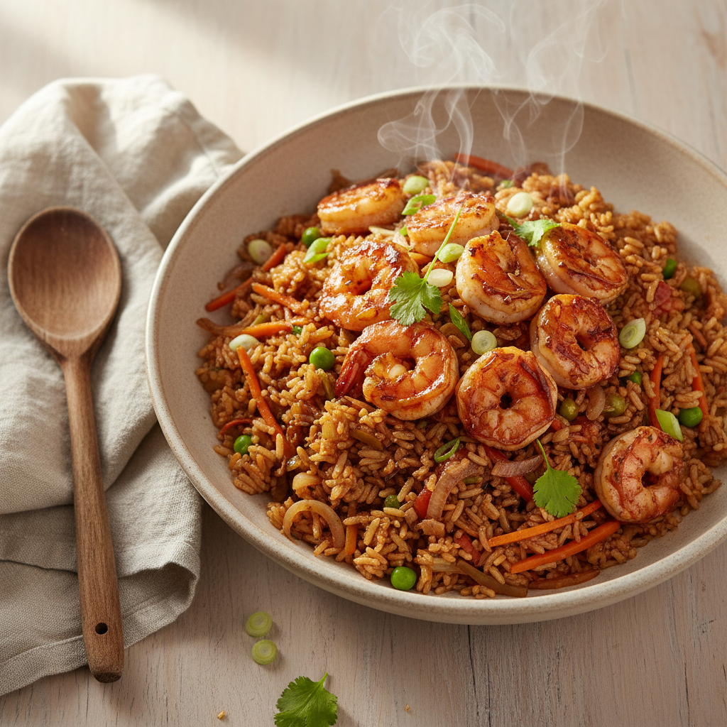 Snelle nasi met wokgarnalen en roerbakgroenten