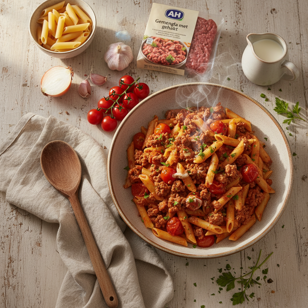 Snelle pasta met gehakt en tomaat