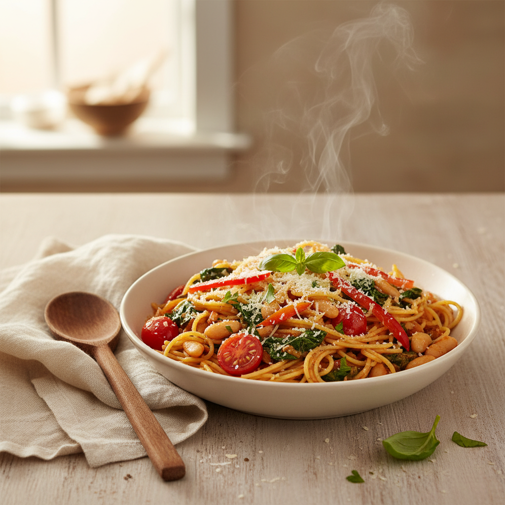 Snelle pasta met spinazie, tomaat en witte bonen