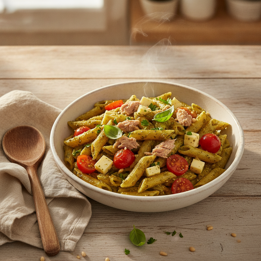 Snelle pasta pesto met tonijn en tomaat