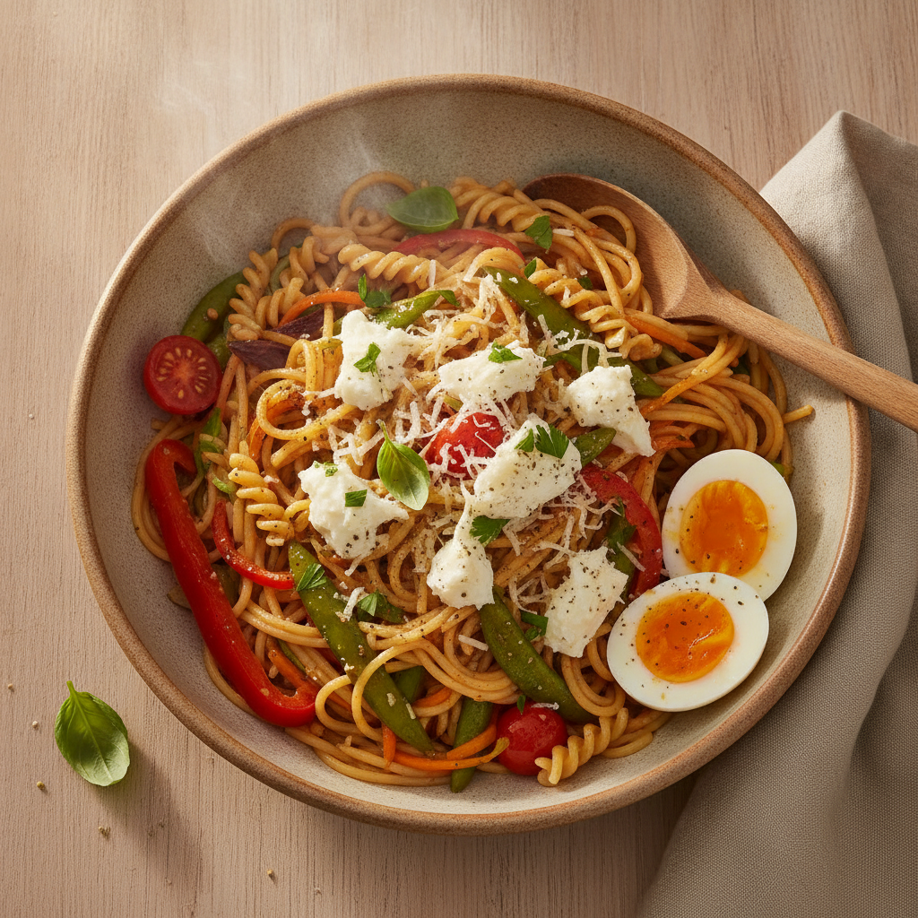 Snelle spaghetti met geroerbakte wokgroenten en mozzarella