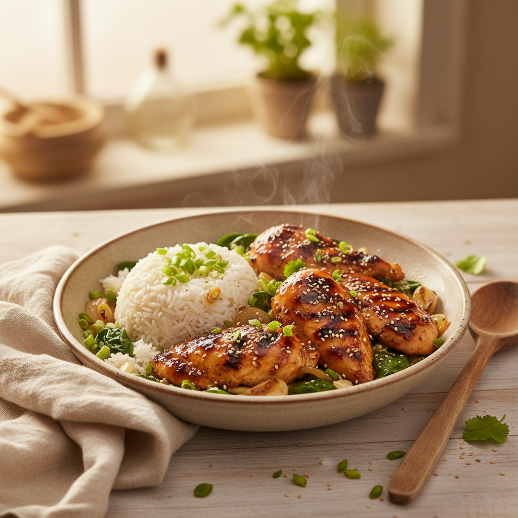 Snelle Teriyaki-achtige kip met rijst en spinazie