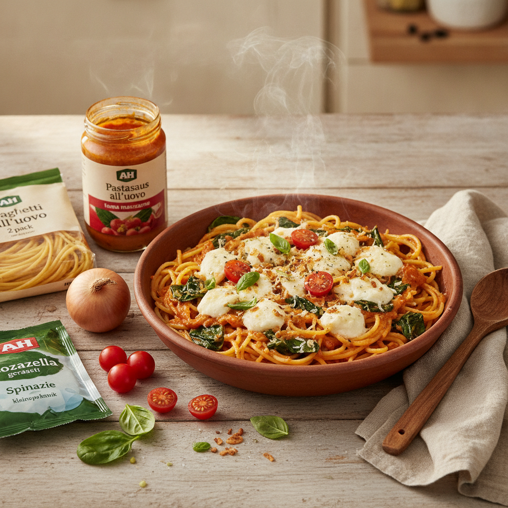 Spaghetti all'uovo met mascarpone-tomatensaus, spinazie en geraspte mozzarella
