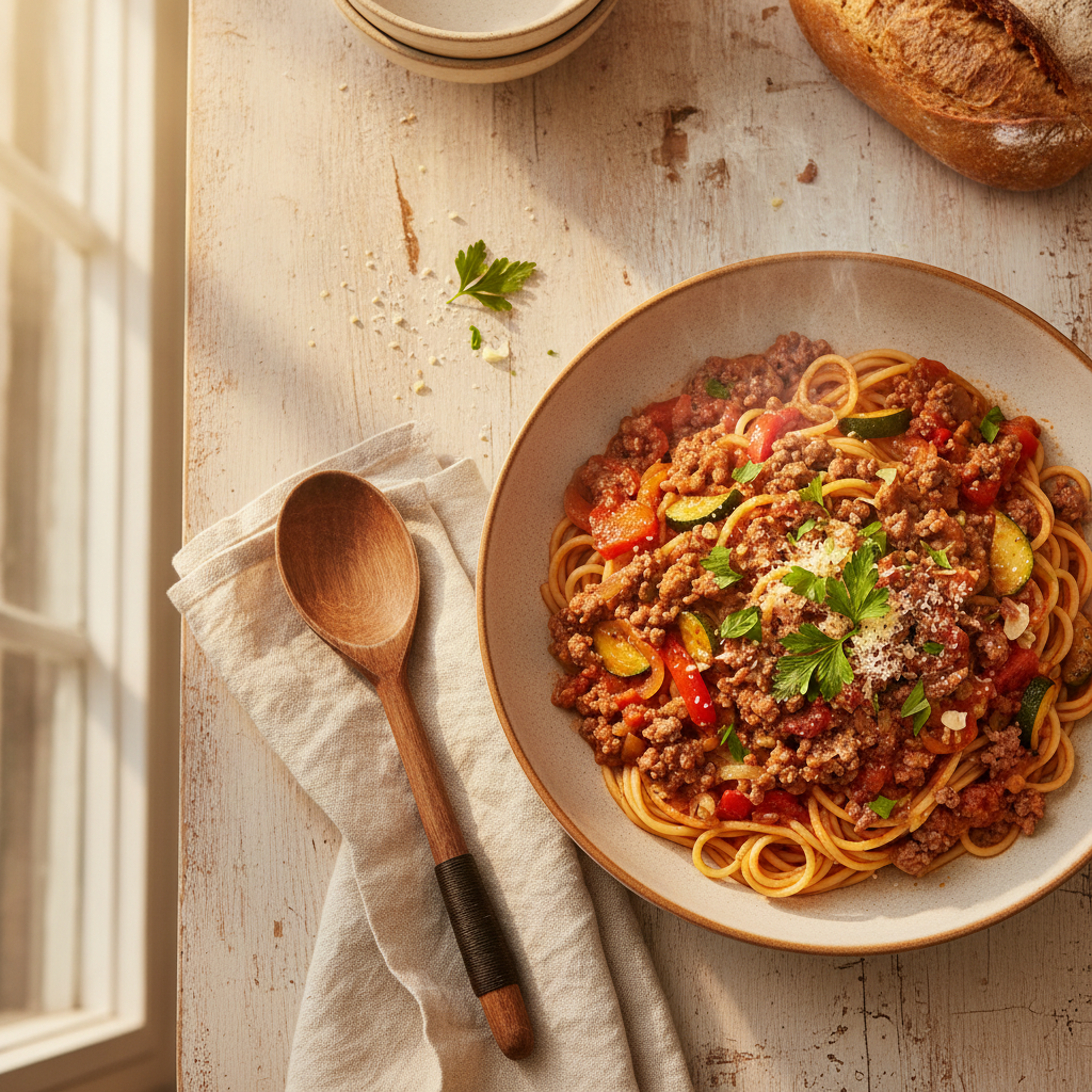 Spaghetti bolognese met gemengd gehakt en geroerbakte groenten