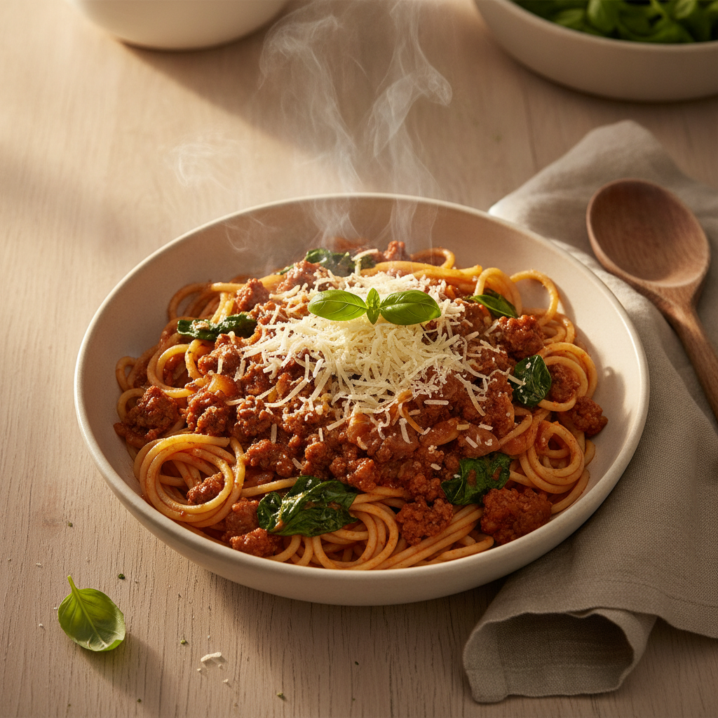Spaghetti Bolognese met geraspte kaas en spinazie