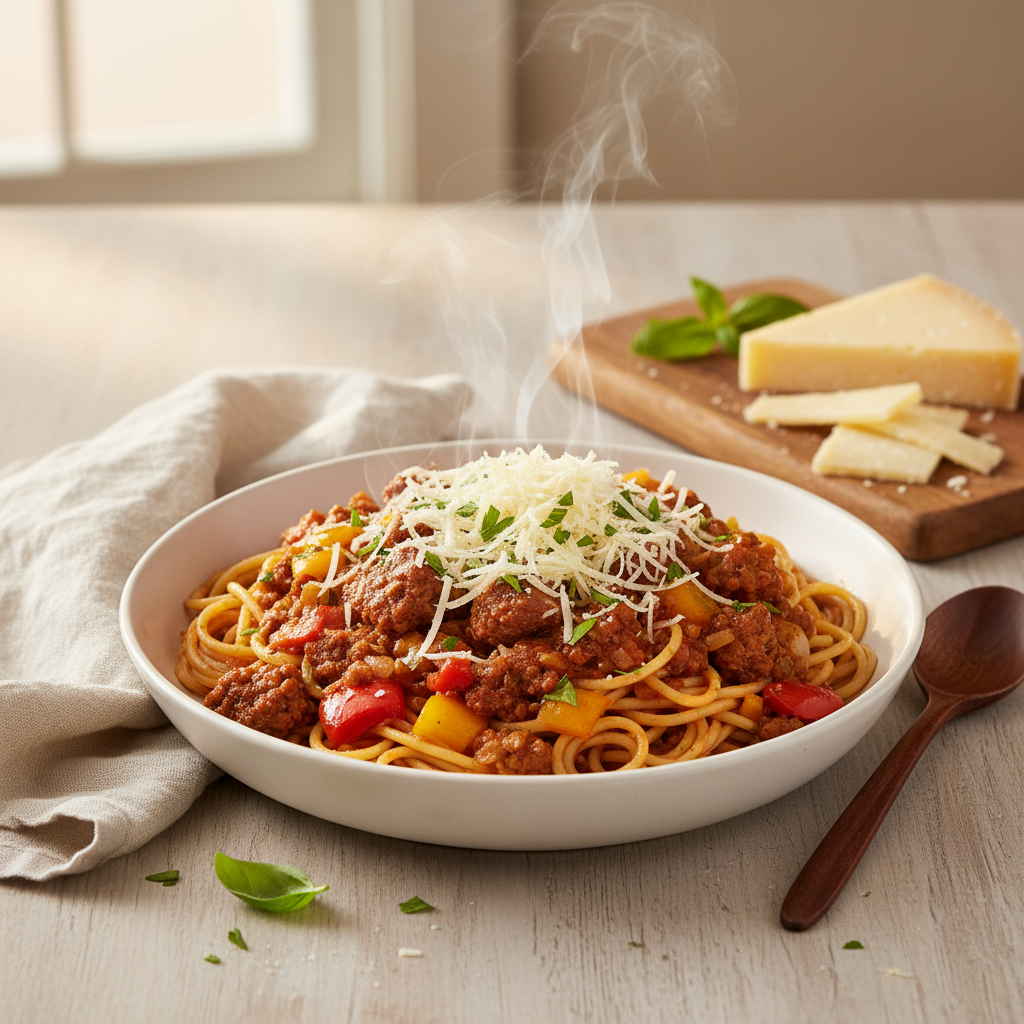 Spaghetti Bolognese met paprika en geraspte oude kaas