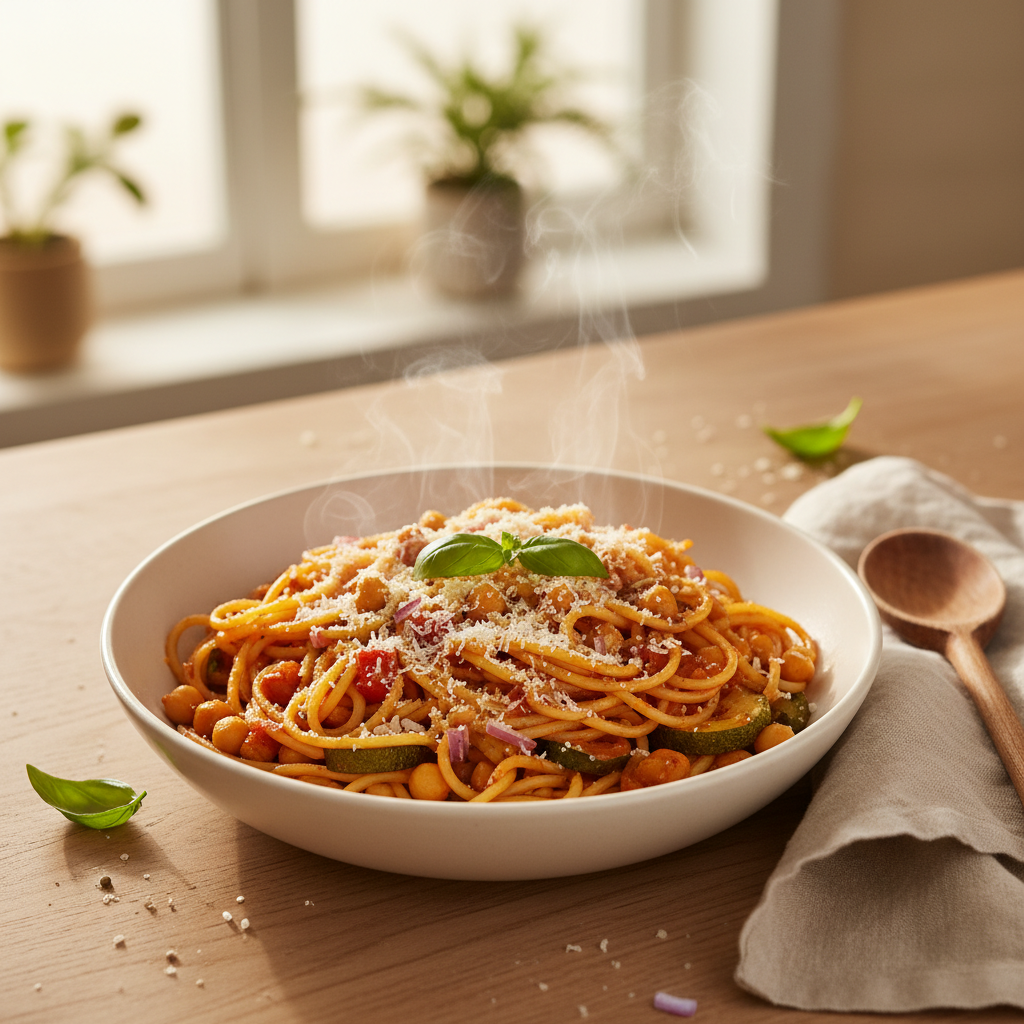 Spaghetti met geroerbakte groenten, kikkererwten en kaas