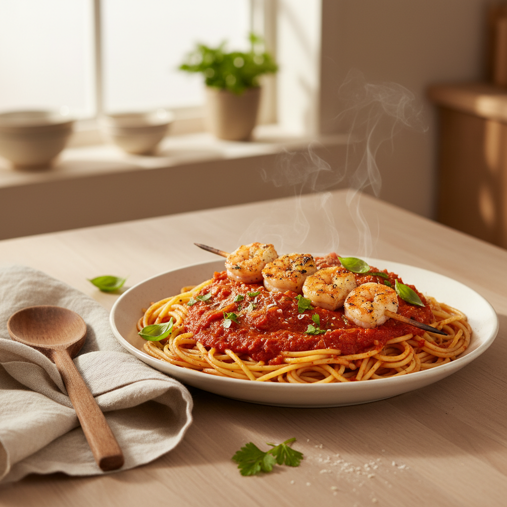 Spaghetti met knoflook-garnalen en tomatensaus