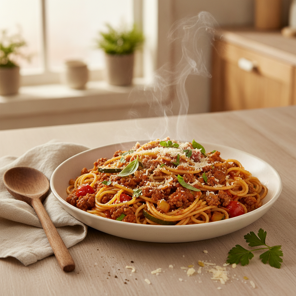 Spaghetti met simpele ragù en Italiaanse roerbakgroente