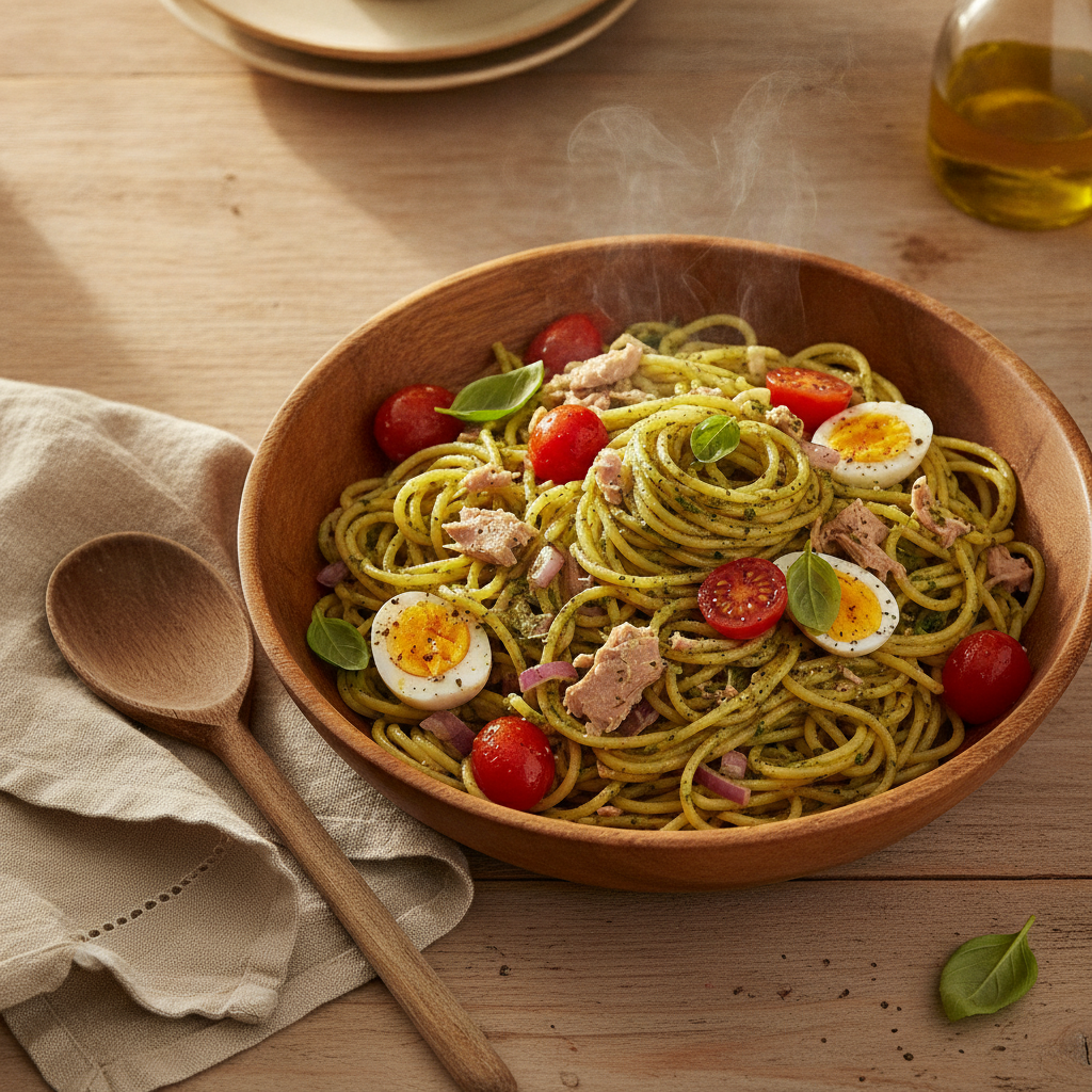 Spaghetti met tonijn, cherry tomaat en pesto