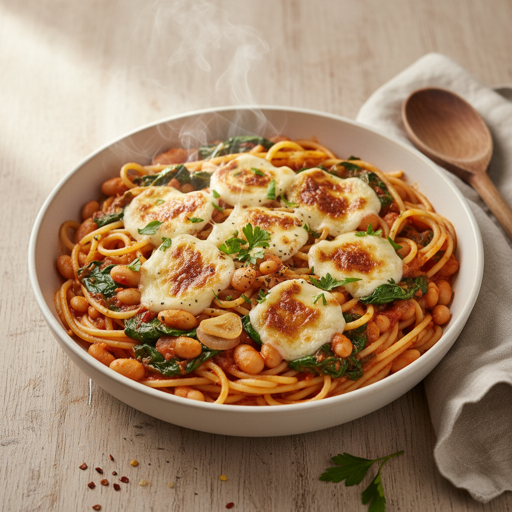 Spaghetti met witte bonen, spinazie en gesmolten mozzarella