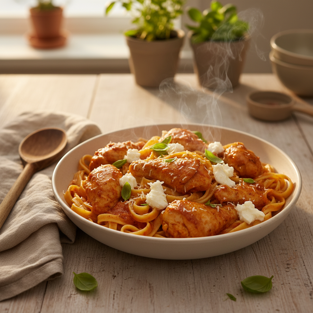 Tagliatelle met gemarineerde kip in romige tomatensaus en mozzarella