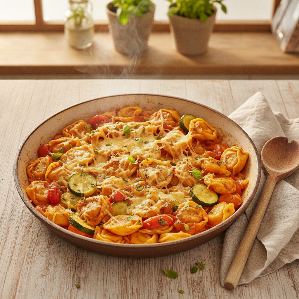 Tortelloni uit de pan met tomaat, courgette en paprika