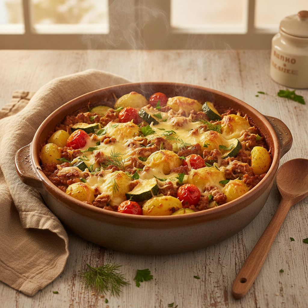 Vegetarische krieltjes-ovenschotel met plantaardig gehakt, courgette en tomaat