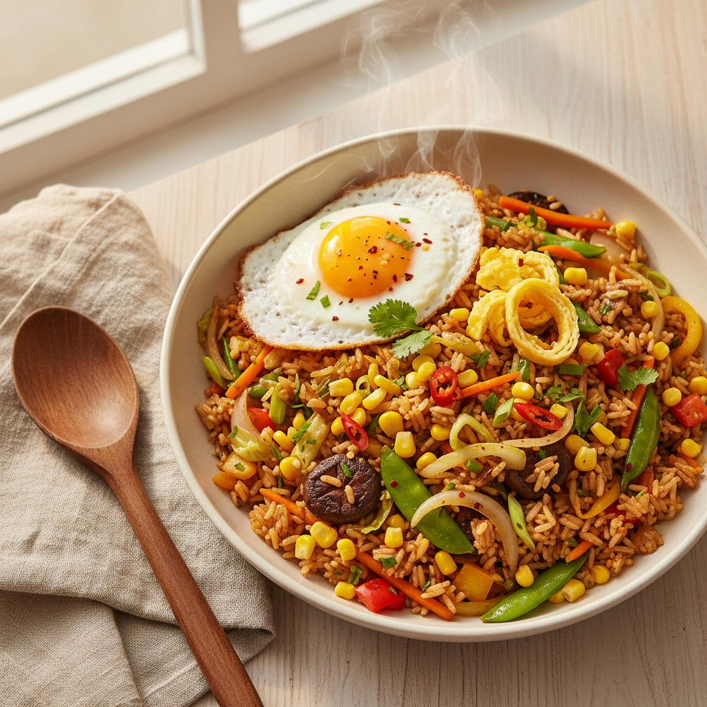 Vegetarische nasi goreng met wokgroente en maïs